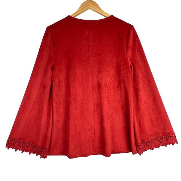 NEW Jodifl Burnt Orange Faux Suede Flare Crochet Trim Sleeve Oversized Blouse S - Picture 3 of 12
